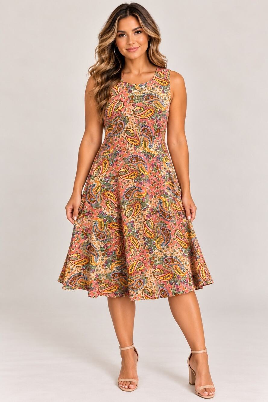 Anne Klein Dress Womens 12 Pink Paisley Floral Sleeveless Fit Flare Boho